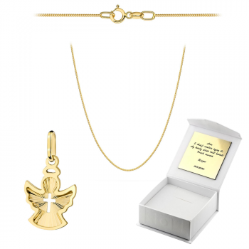 Złoty medalik Aniołek z łańcuszkiem Pancerka komplet prezent Komunia Chrzest