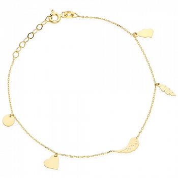 Bransoletka złota serce, skrzydło i piórko FUG2-25-B00502-2