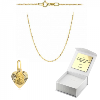 Złoty medalik Matka Boska w sercu z łańcuszkiem Singapur komplet prezent Komunia Chrzest