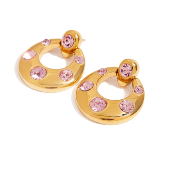 Kolczyki damskie złote z różowymi kamieniami FUGJDE0103009-PK