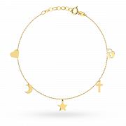Bransoletka złota z krzyżykiem, gwiazdką, księżycem, sercem i kłódką FUG2-25-B00744-2