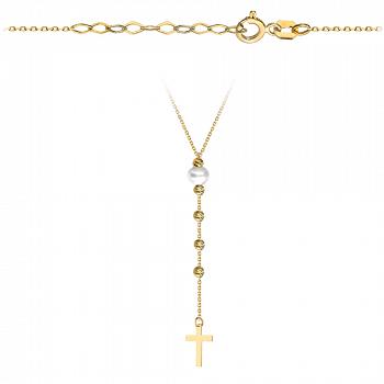 Naszyjnik złoty z perłą, kulkami i krzyżykiem FUG3-4-N00395-2