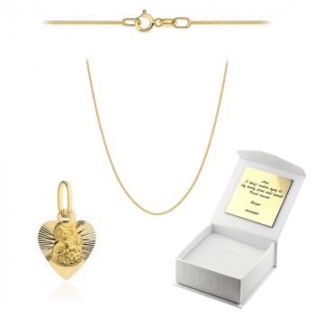 Złoty medalik Matka Boska w sercu z łańcuszkiem Pancerka komplet prezent Komunia Chrzest