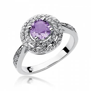 Pierścionek zaręczynowy z białego złota z brylantami i ametystem 0.38 ct