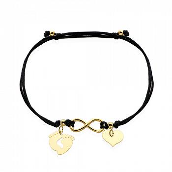 Bransoletka złota stópki, serce i nieskończoność na czarnym sznurku FUG2-25-B00469-2
