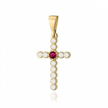 Złoty krzyżyk z rubinem i brylantami 0.22 FK08-585-R0.15/0.22