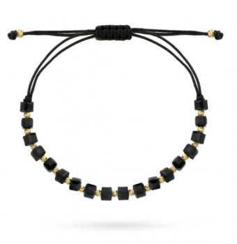 Bransoletka złota kulki i czarne kamienie na czarnym sznurku FUG2-25-B00283-2