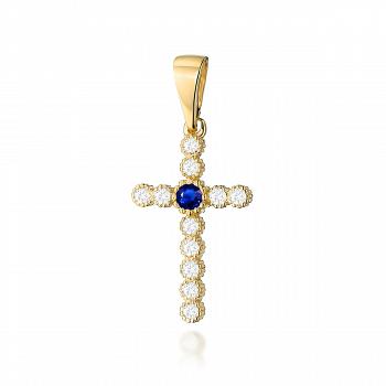 Złoty krzyżyk z szafirem i brylantami 0.22 FK08-585-S0.15/0.22
