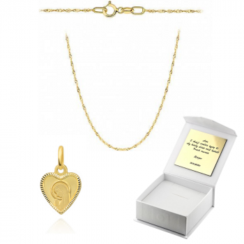 Złoty medalik Matka Boska w sercu z łańcuszkiem Singapur komplet prezent Komunia Chrzest
