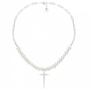Naszyjnik perły z łańcuchem i krzyżem WA517